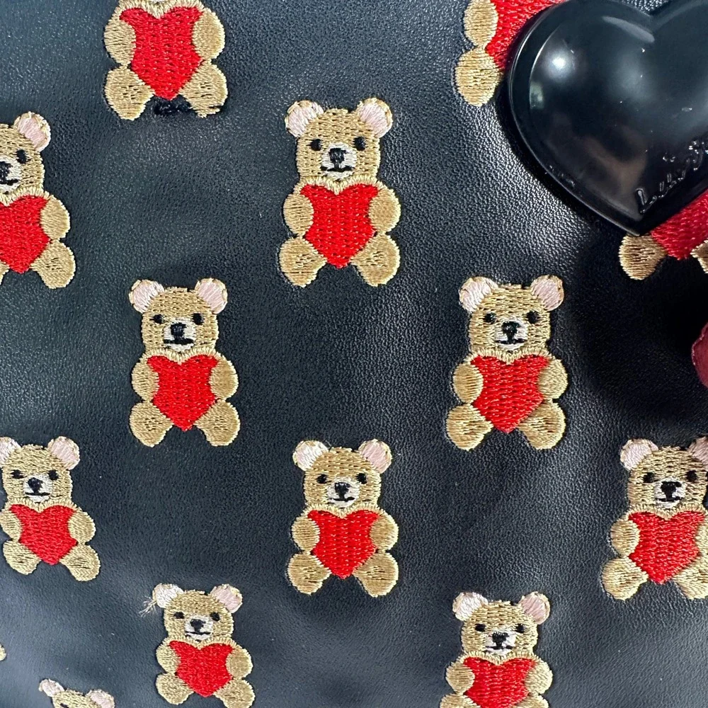 Betsey Johnson Tote Bag Women Black Embroidered Teddy Bear Heart Crossbody